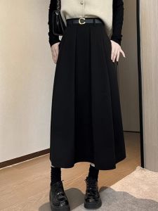 High Waist A-Line Midi Skirt Womens Woolen Half-length Slimming Pleated Skirt plus Size Korean Style Commute Pure Color