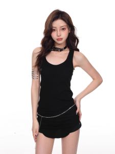 Black Strapless Vest Womens Slim Fit Summer Top Irregular Length Sleeveless Mid-Length Outerwear Thin KDASE Commute Style