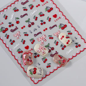 1Pcs 5D Kawaii Straberry/Cherry Nail Stickers Cartoon Fruit/Flower/Bow Embossed NailArt Decals Summer Manicure Decoration Slider