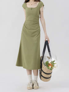 Váy Xanh Lá Cây Cổ Vuông Ôm Eo Mùa Hè Thanh Lịch Váy Dài Tay Áo Cánh Kiểu Pháp Cho Nữ Váy Midi Không Dây Dáng Chữ a