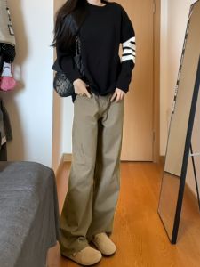 Khaki Straight Leg Extended Version Jeans Womens Loose High Waist Versatile Slimming Wide Leg Workwear Trousers 175 Tall Size