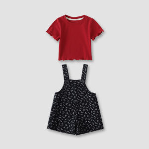 Girls Summer Outfit Korean Style Cotton Blend Two-Piece Set Short Sleeve Bib Dress Child Clothing Baby Girls Ensemble