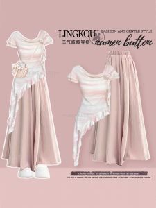 NUMEN BUTTON | Gentle Fashion Style Elegant Sweet Irregular Sleeve High Waist Loose Trousers Two-Piece Set