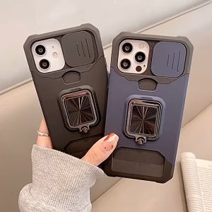 I TECH Card Holder Push Window Anti-Fall Phone Case With Ring Protective Case For iPhone 16 15 14 13 12 11 Pro Max