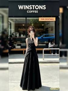 NIUVIES | Đầm Phong Cách Pháp Không Tay Màu Đen