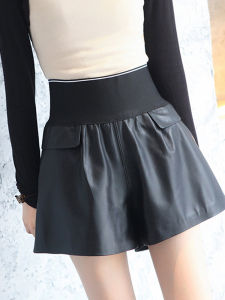 Autumn Winter New Style Womens Real Leather Shorts High Waist Elastic Waist Wide Leg Sheepskin Bootcut Pants Korean Style