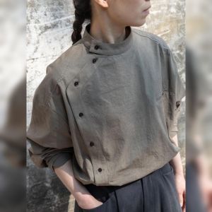 YUFUQING | Elegant Vintage Stand Collar Asymmetrical Shirt Womens Loose Fit Versatile Top For Early Autumn Commute Korean Style