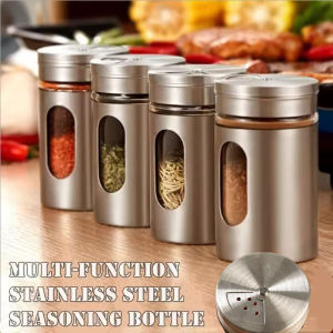 4Pcs Stainless Steel Spice Jars Seasoning Cans Rotate Cover Salt Pepper Shakers Toothpick Condiment Storage Bottle Kitchen Spice Rack