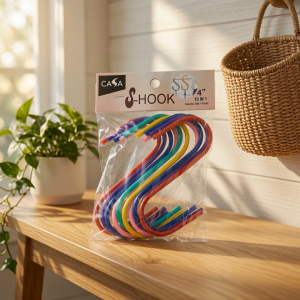 10-PIECE SET OF 4-INCH S-SHAPED HOOKS FEATURING A DURABLE METAL CORE COVERED IN COLORFUL PLASTIC COATING.