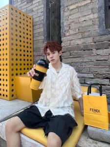 Summer Niche Style Tassel Short-Sleeved Shirt Mens Loose Plaid Cool Feeling Handsome Style Detachable Oblique Tie Decorative Design