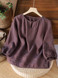 Summer 2024 New Arrival Yarn-Dyed Linen 3/4 Sleeve Tops Artsy Retro Loose Temperament Cotton and Linen Pullover T-shirt for Women