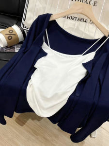 Slim Fit Knitted Cardigan Light Blue Spring Autumn Fashionable Youthful Sweet Cool Short Outerwear for Women Commute Style