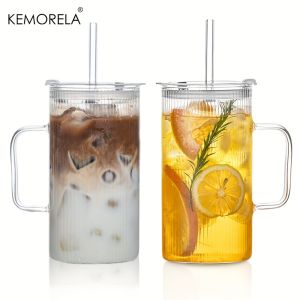 KEMORELA 740ML Large Ribbed Glass Tumbler with Handle and Lid Set of 1/2 Clear Glass Cups with Reusable Straws for Iced Coffee