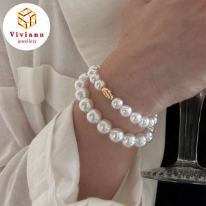 Viviann Original Round White Pearl Bracelet 8mm/10mm White Pearl French Elastic Rope Beaded Pearl Bracelet CharmsPearl Bracelets for Women Girls Ladies Wedding Bridal Elegant Beaded Bracelets Hand Jewelry