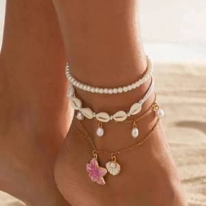 Ingemark 4 Pcs/set Boho Flower Scallop Pendant Anklet Foot Chain Women Charm Imitation Pearl Ankle Beach 2026 New Foot Jewelry