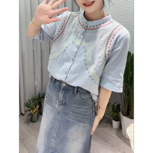 QINGNAER | Plus Size Ethnic Style Colorful Embroidery Shirt