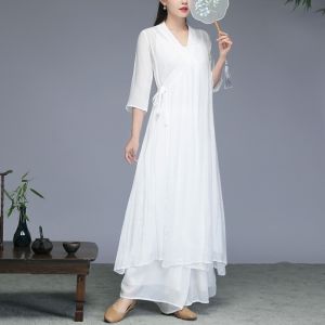 Chinese Style Zen Clothes Womens Fairy Tea Clothes Waist-Tight Zen Improved Cross Collar Han Dynasty Chinese Style Loose Dress Spring and Summer