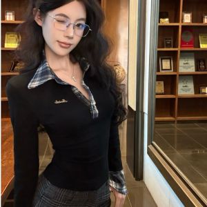 GUZILIAN | Retro Fashion Polo Neck Plaid Long Sleeve T-Shirt Women Spring Spicy Base Shirt Inner Wear Top Simple Commute Style GZL10202853