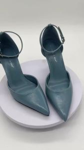 Light Blue Patent Leather Ankle Strap Heels Womens Elegant Closed Toe Thin Heel Shoes for Bridal Party & Formal Events