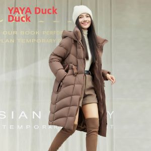YAYA | Elegant Long Womens Waist Belted Fitted Down Jacket Thermal