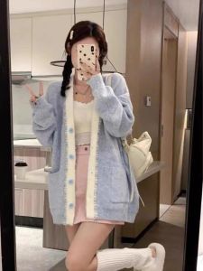 เสื้อสเวตเตอร์ถักสไตล์เกาหลีหวานสําหรับผู้หญิง 2023 เสื้อคาร์ดิแกนแขนยาวคอวีแฟชั่นดีไซน์ใหม่