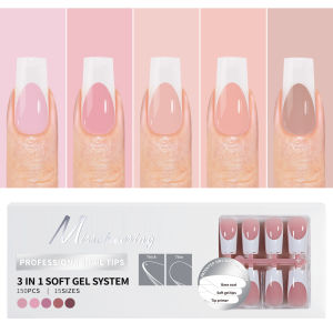 150PCS Coffin Almond Soft Gel Press on Nails 3 in 1 French Nail Tips Removeable 15 Sizes of Nail Art With Design DIY False Nails