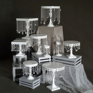 Crystal Pendant Iron Cake Stand Wedding Props Acrylic Decorative Cake Plate European-Style High Leg Dim Sum Rack Tray