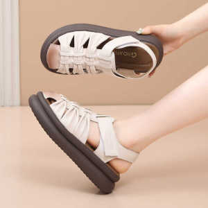 Genuine Leather Thick Sole Sandals for Women 2024 Summer plus Size Sponge Cake Soft Leather Bag Head Roman Beach Shoes Casual Pitcher Plant Shoes