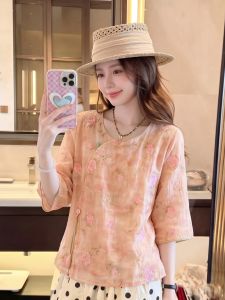 HUANJI | Summer Chinese Style Pink-Orange Round Neck Half Sleeve Plus Size Embroidered Design Unique Blouse