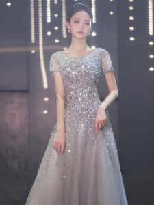 Elegant Evening Gown Sparkling Sequins Piano Performance Adult Ceremony High Fashion Luxury Long Dress Midi Skirt U-Neckline