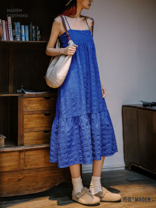 Maden Decompression Folded Bubble Dress Blue Womens Maxi A-Line Skirt Summer Sleeveless Gown Polyester Fabric Long Dress