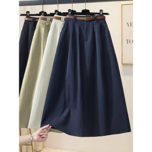 Retro Dark Navy Pleated A-Line Skirt Slimming High Waist