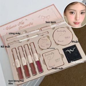 Bộ Hộp Quà Trang Điểm Hình Trái Tim Nơ Bướm Với Son Môi Phấn Má Hồng Phấn Mắt Và Vòng Cổ - Phiên Bản Giới Hạn Dành Cho Nữ