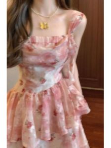 CHANGTONG | Pure Desire Sweet Spicy French Princess Skirt Super Fairy Personality Waist In Pink Floral Print Strapless Dress Spring Summer