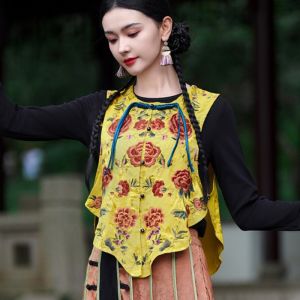 Retro Chinese Style Embroidered Vest Open Waist Womens Short Jacket National Style Fashion Element round Neck No Sleeve T-Shirt