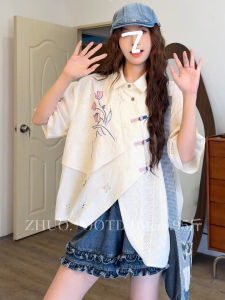 Japanese Style Rose Embroidery Lock V-Neck Short Sleeve Womens Shirt Summer New Small Design Slimming Asymmetrical Top