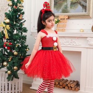 lilysshop Kid Girl Santa Christmas Costume Sleeveless Tulle Patchwork A-Line Dress + Long Stocking + Headband/Hat Cosplay Clothes