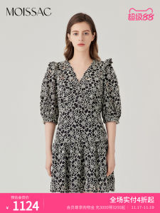 Elegant Cotton Lace Splice Bubble Sleeve Waist Cinched Dress Womens Short V-Neck Princess Skirt Style Summer Dress