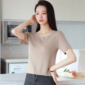 WANGGONGZHU | Ice Silk Short Sleeve T-Shirt Women Summer Thin New Small Hollow Knitted High Waist Short Slimming Top Princess Style Commute Simple