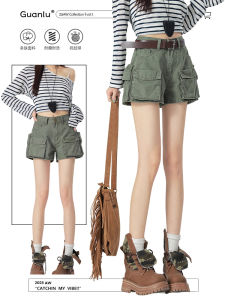Quần Short Denim Cạp Cao American Retro Military Green Nhiều Túi Quần Short Nữ Mùa Hè Quần Short Ống Đứng Quần Short