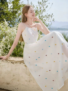 XIANGYING | White Strap French Dress Floral Embroidered A-Line Slim Waist
