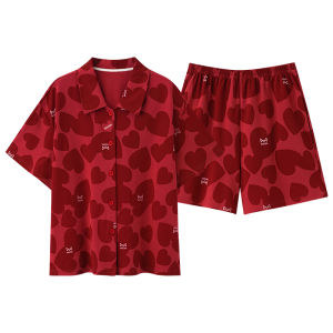 Miiow | Pure Cotton Short Sleeve Sleepwear Couple Set New Wedding Red Thin Home Clothes Cat Person Sweet Cute Style Printed工艺 Summer Home Clothes
