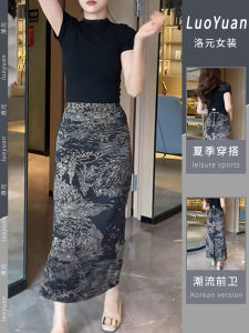 Fried Street Anti-Aging Fashion Suit Summer Black round Neck Short Sleeve T-Shirt Womens Skirt Fancy Small Dress Two-piece Set