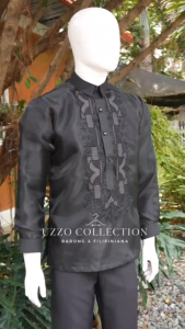 UZZO Modern Barong Black Organza Long Sleeves Sports Collar w/ Lining Embroidered Chinese S to 2XL Half-Open Formal Top