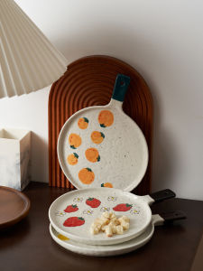 April Ceramic Pizza Plate Baking Tray with Handle Dining Utensils BBQ Steak Dish Home Use Korean Style Handmade Porcelain