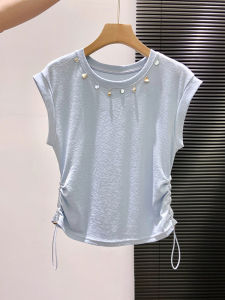 Womens round Neck Short Sleeve T-Shirt Embellished with Nails Pleated Waist Slimming Short Style Summer Elegant Beautiful Top