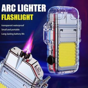 Electric Torch Transparent Waterproof USB Rechargeable Plasma Dual ARC Windproof Lighter Portable Electric Lighter for Smoking Windproof Lighter Rechargeable Waterproof Double Arc Lighter Rechargeable Electric Torch Lighter Light Flashlight Transparent