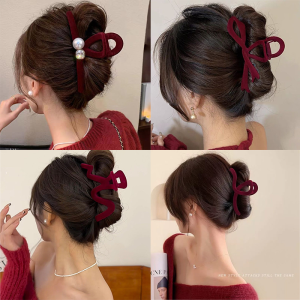 🔥Red Flocking Hair Claw Clip High-end Swan Velvet Shark Clip Women Coiled Hair Clip LovelylifeFu👍