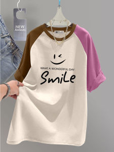 Color Block Shoulder Insert Short Sleeve T Shirt Womens Loose Fit Cotton Classic Print round Neck mid Length Summer Top