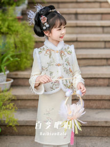 New Chinese Style Fleece Lined Childrens Cheongsam Dress Thickened Winter Clothes for Little Girls Traditional National Fashion
